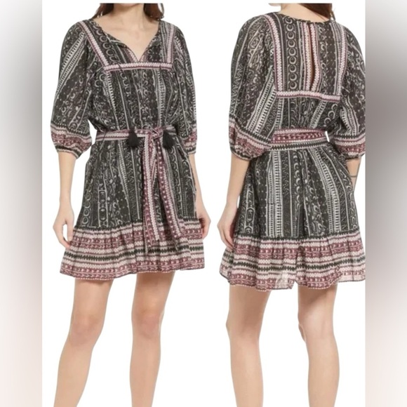 Cleobella Magdalena Organic Cotton Stripe Print Mini Dress Boho Belted Medium NW - Picture 1 of 7